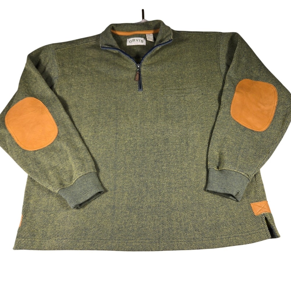 Orvis Mens XL Green Textured Knit Quarter Zip Pullover Elbow Patches Mock Neck